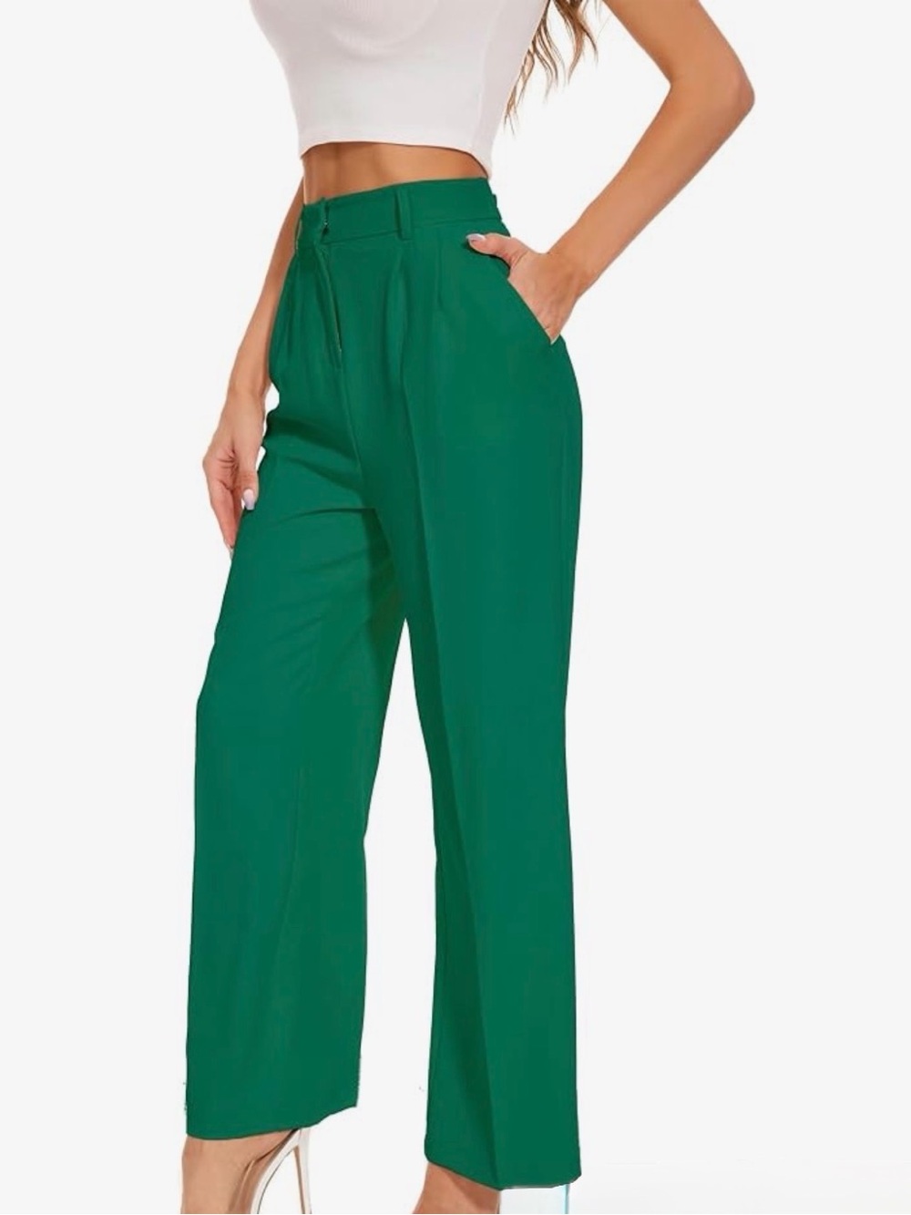 High-Rise Wide Leg Pants in Emerald Green